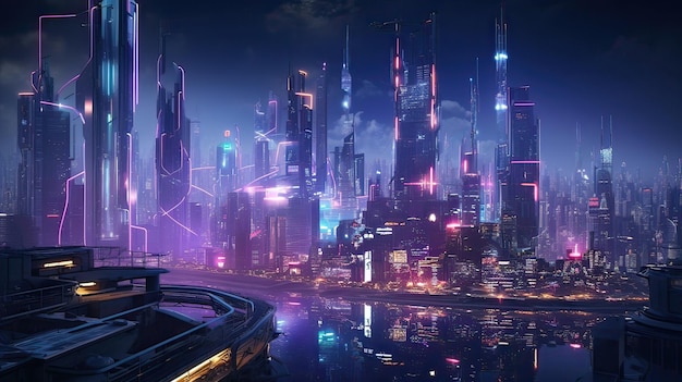 Een indrukwekkende afbeelding van een hightech cyberpunk stadsbeeld dat pulseert met neonverlichte stedelijke energie Cyberpunk futuristische neontechnologie stedelijke digitale kunst skyline gegenereerd door AI