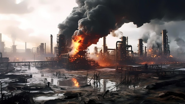 een industriële fabriek waar rook uit komt in de stijl van chaotische omgevingen