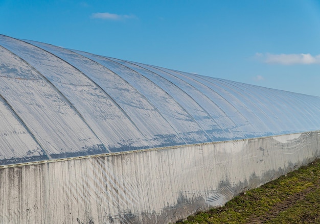 Een industriële polytheenkas tegen blauwe hemel met wolken.