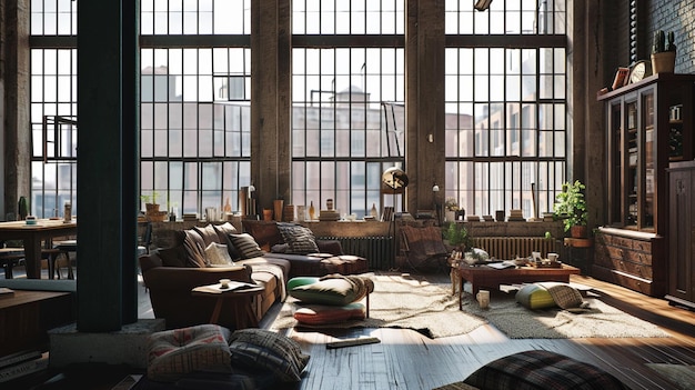 Een industriële stad loft interieur Een boheemse mix en match eclectische stijl huis Generatieve Ai