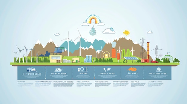 Een infografie met verschillende vormen van hernieuwbare energie met pictogrammen en tekst