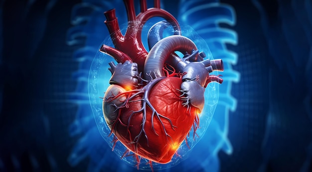 Een informatief en educatief beeld van een menselijk hart gepresenteerd in een zuivere en klinische stijl met de nadruk op anatomische nauwkeurigheid en detail Generatieve Ai