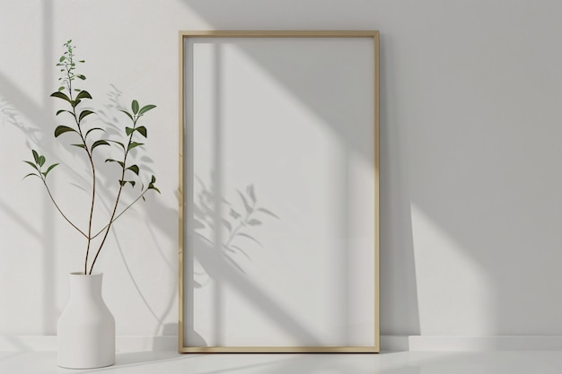 Foto een ingelijste afbeelding op een witte muurblank frame afbeelding met planten op tafel in kamer decoratieve verf