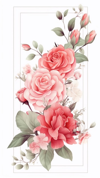 Een ingelijste afdruk van rozen door pioenen.