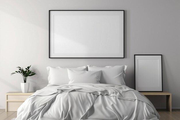 Foto een ingelijste foto hangt boven een bed met een witte beddengoed