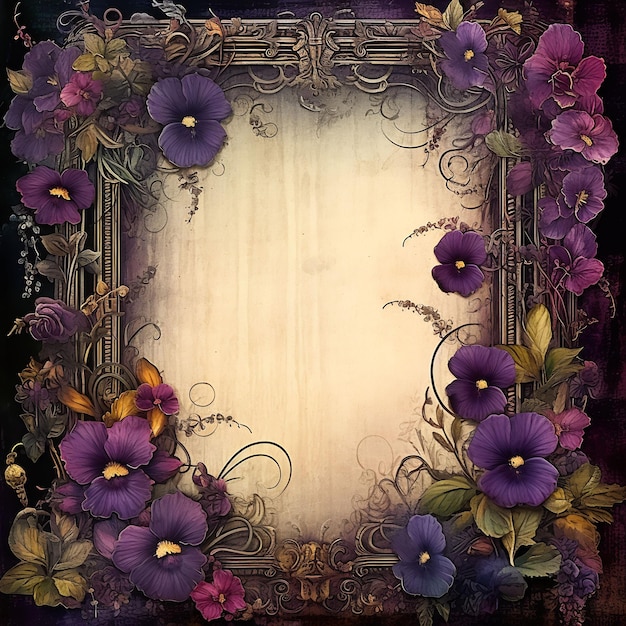 een ingelijste foto van bloemen en vlinders op een paarse achtergrond