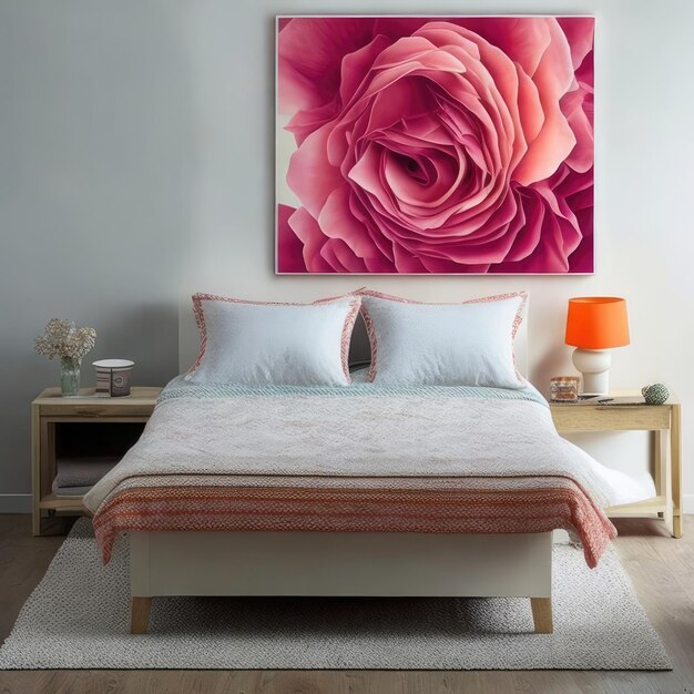 Een ingelijste foto van een roze roos staat boven een bed met een bed in een slaapkamer.