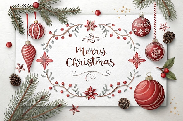 een ingelijste foto van vrolijk kerstfeest met rode sieraden en rode sieraden