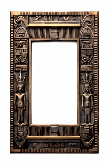 Een ingelijste spiegel met Egyptische symbolen erop