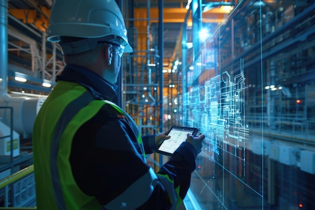 Een ingenieur controleert machine-informatie op een tablet in een fabrieksopslagplaats in de nabije toekomst