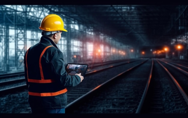 Een ingenieur die aan een treinstation werkt en een tablet vasthoudt