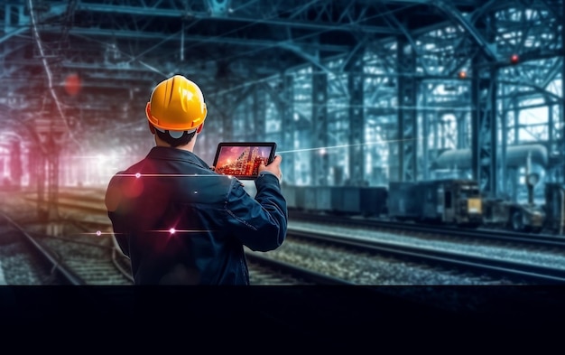 Een ingenieur die aan een treinstation werkt en een tablet vasthoudt