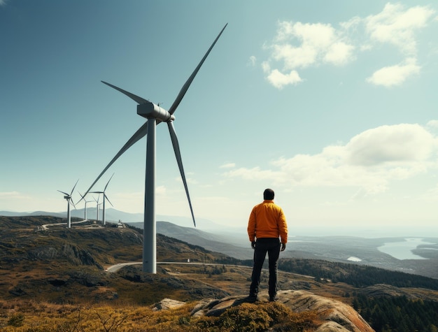 Een ingenieur die bovenop een windturbine staat