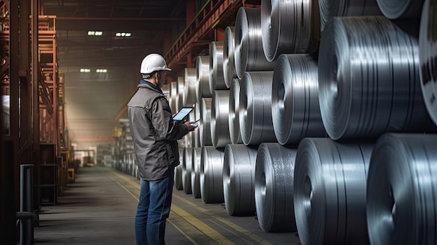 Een ingenieur die een iPad vasthoudt om de rollen gegalvaniseerde staalplaat in de fabriek of het magazijn Generative Ai te inspecteren