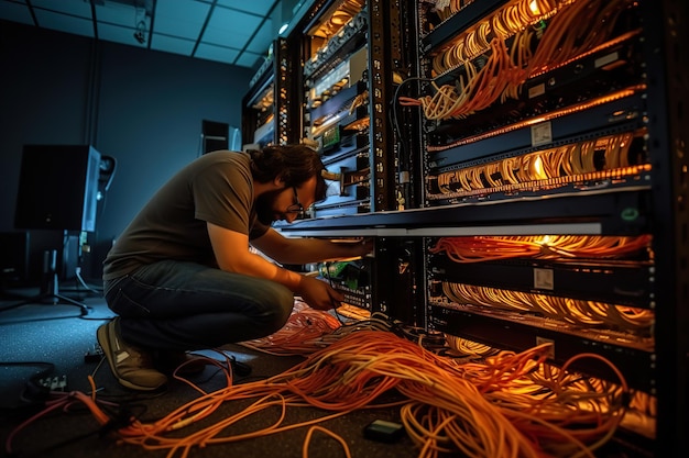 Een ingenieur in de serverruimte van een datacenter die kabels aansluit Generatieve Ai