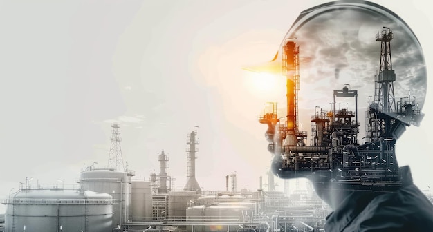 Een ingenieur in een helm die op apparatuur voor de olie- en gasindustrie is gelegd Industriële innovatie Engineering exploratie Energieconcept