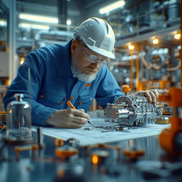 Een ingenieur met een helm en een veiligheidsbril werkt aan een project