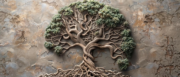 Een ingewikkeld 3D-diagram van een boom met wortels in de vorm van hersenbladeren die verschillende groeistrategieën en planning weergeven Hyper realistisch