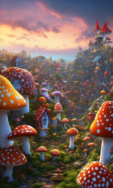 Een ingewikkeld dorp gemaakt van psychedelische paddenstoelen kunst van Greg Rutkowsk 3D render