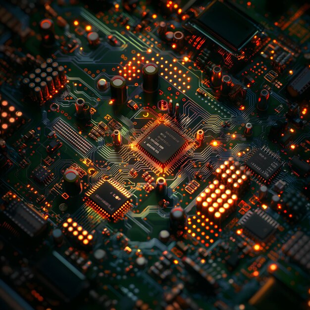 Een ingewikkeld elektronisch metropolis een circuitboard stadsbeeld's nachts