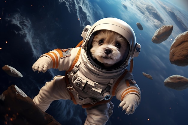 Een innemende astronautenhond zweeft gewichtloos in de ruimte Generatieve Ai