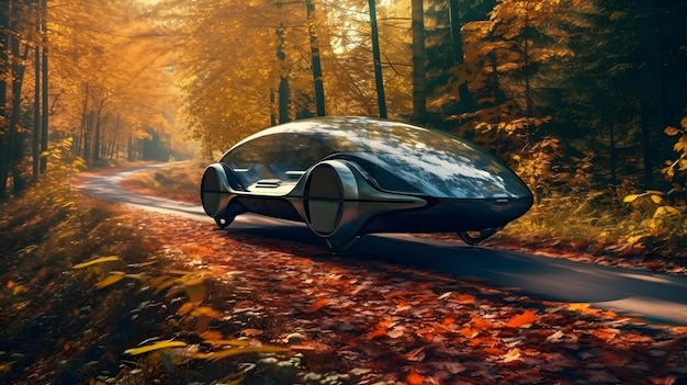 Een innovatief elektrisch voertuig zoomt door een weelderig groen bospad en laat een spoor van wervelende bladeren achter