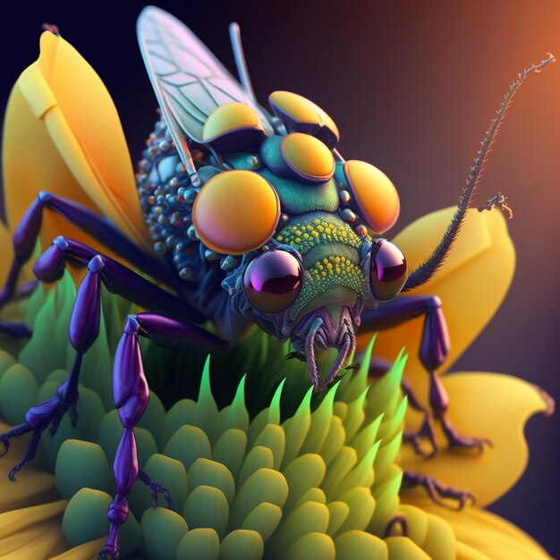 Een insect met een groen lichaam en gele ogen zit op een bloem.