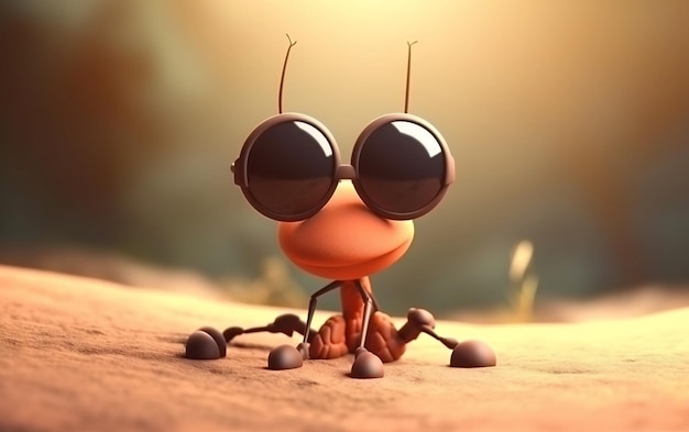 Een insect met een zonnebril zit voor een zonsondergang.