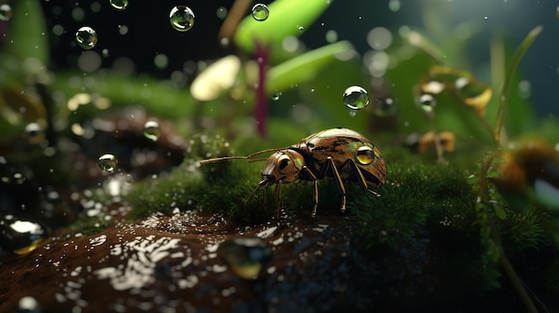 Een insect op het gras in het donker