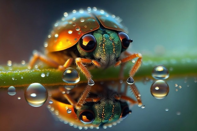 Een insect zit op een blad met de weerspiegeling van de waterdruppels erop.