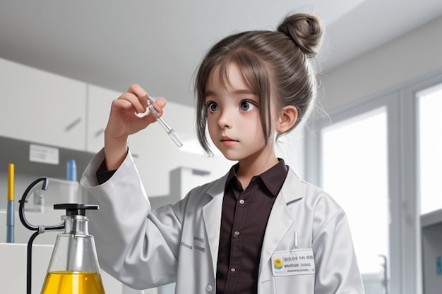 Een intelligent en nieuwsgierig kind met een laboratoriumjas en een rommelige knot