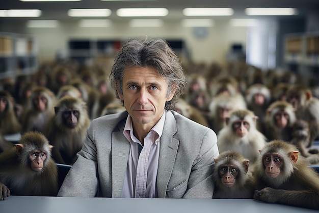 Een intelligente man omringd door een groot aantal apen in het klaslokaal een professor en studenten