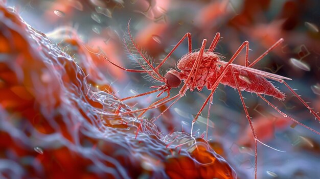 Foto een intens roodbruine microscopische afbeelding van de binnenkant van de maag van een mug