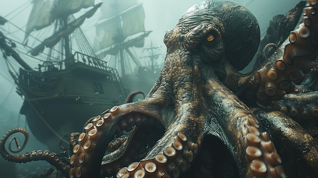 Een intense filmkwaliteit opname van een gigantische octopus die de kijker tegenover een schipbreuk stelt