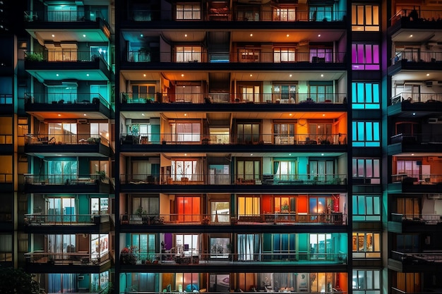 Een interieur appartement 's nachts met veel balkons in de stijl van kleurrijke figuren