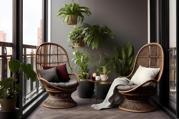 Een interieur balkon met wicker meubels en planten