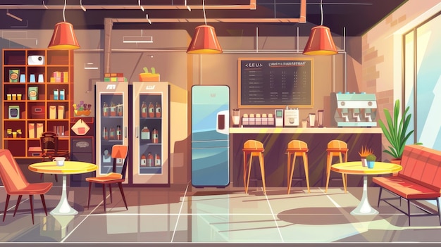 Een interieur café met een koffiemachine koelkast krijtbord menu bankjes een bar en stoelen een lege cafeteria met meubels en een restaurant hof een cartoon moderne illustratie van een lege