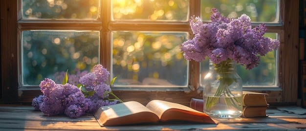 Een interieur met lila bloemen een glazen vaas een open boek op de tafel allemaal gerangschikt in een shabby chic stijl tegen een raam achtergrond