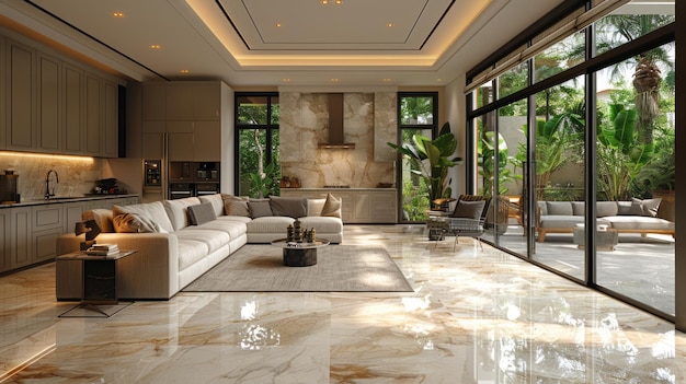 Een interieur van een luxe herenhuis met een moderne keuken weergegeven in 3D