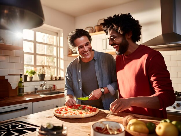 Foto een interraciaal homoseksueel stel dat een pizza eet in het comfort van hun huis.