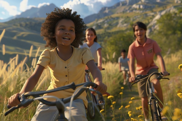 Een interraciale familie die vrolijk op een fietsrit begint.