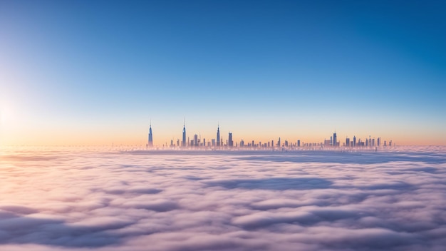 Een intrigerend beeld van een stad in de verte met veel wolken AI Generative