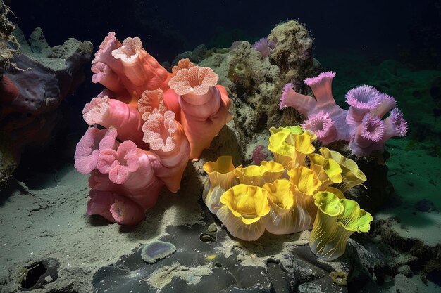 Een intrigerende foto van een levendige kolonie diepzeesponzen die op de oceaanbodem gedijen