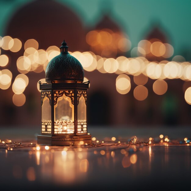 Een islamitische lantaarn met een wazige moskee met bokeh generatieve AI