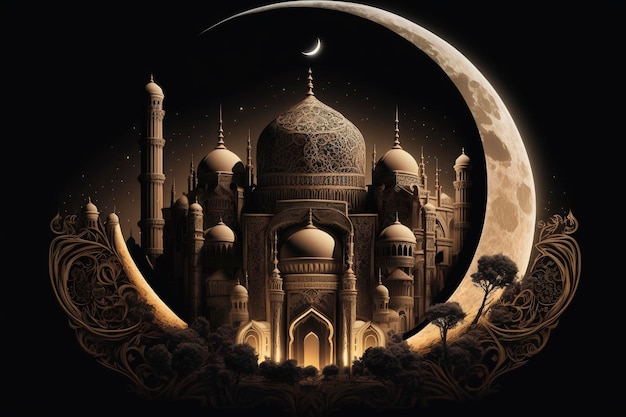 Een islamitische moskee 's nachts met een toenemende maan achter de moskee generatieve ai