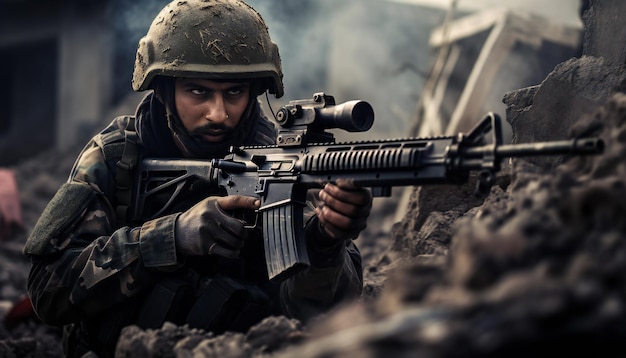 Een islamitische soldaat in een oorlogsgebied die met de vijand vecht