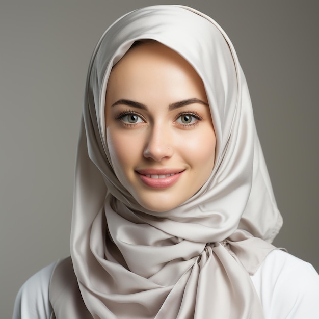 een islamitische vrouw met syari hijab die haar glimlach toont