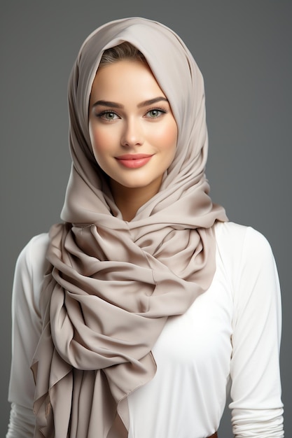 een islamitische vrouw met syari hijab die haar glimlach toont