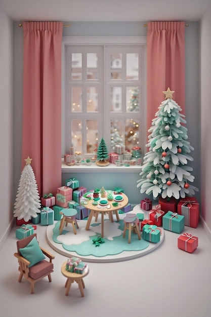 Een isometrische decoratie van een kerstkamer