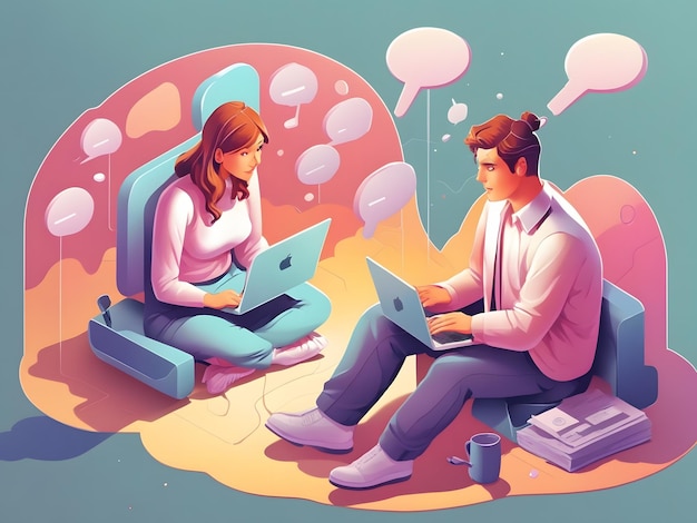 Een isometrische illustratie van een man en vrouw met laptop en woordbellen
